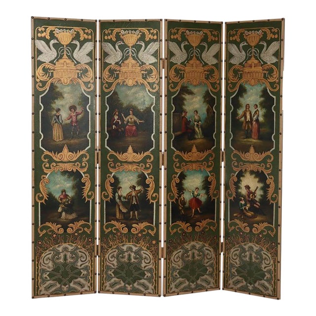 Antique Hand Painted Leather on Board Four Panel Dressing Screen 20thC For Sale