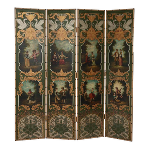 Antique Hand Painted Leather on Board Four Panel Dressing Screen 20thC
