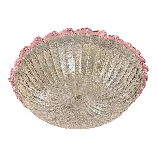Vintage 1970s-Style Italian White Graniglia “Budino” Murano Glass Flush Mount With Pink Accents For Sale