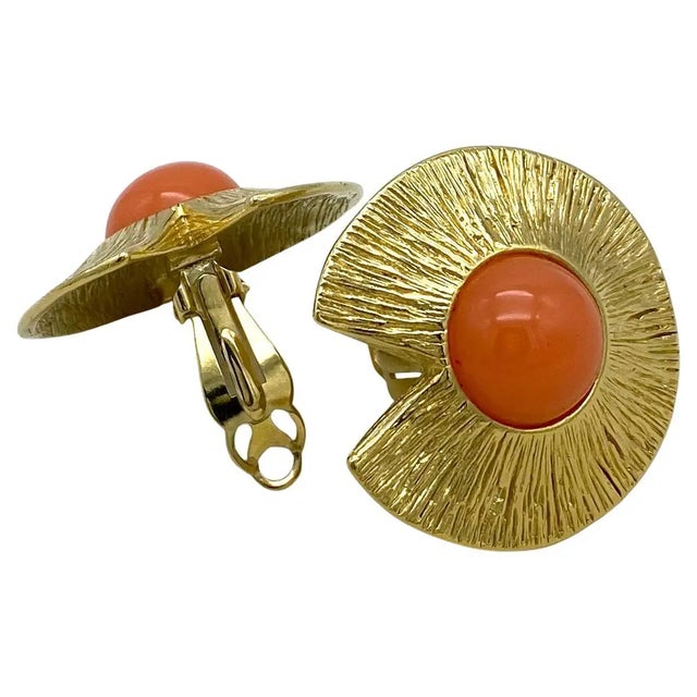 Modern 1980s Givenchy Gold Textured Clip-on Earrings With Orange Cabochons For Sale - Image 3 of 5