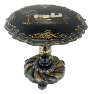 English Papier-Mache Black Gold Mother of Pearl Antique c1900s Lamp Table Clean