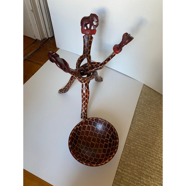 Vintage African Tribal Unity Sculpture Bowl Holder Handcarved Wooden Stand For Sale - Image 9 of 12
