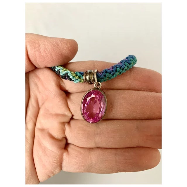 Sterling and Pink Stone Macrame Necklace For Sale - Image 9 of 12