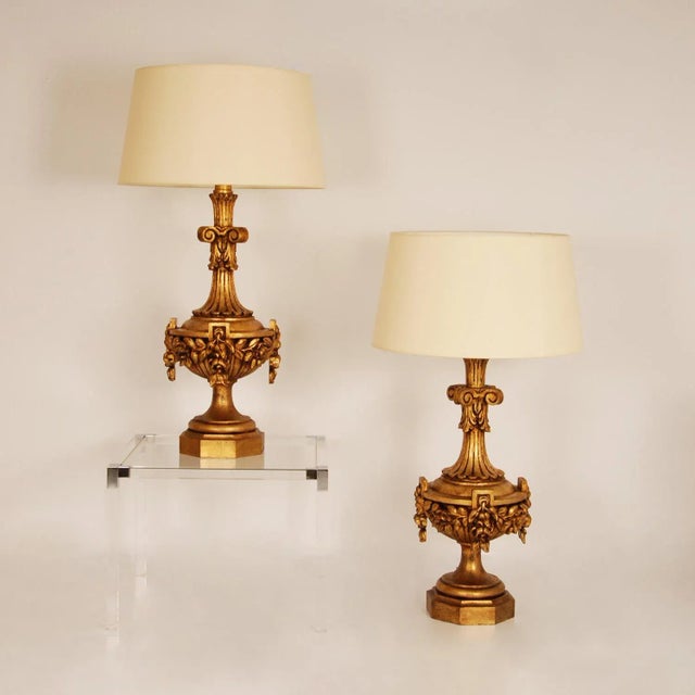 French Country Italian Lamps XL Carved Giltwood Gold Neoclassical Urn Vases Table Lamps - A Pair For Sale - Image 3 of 12