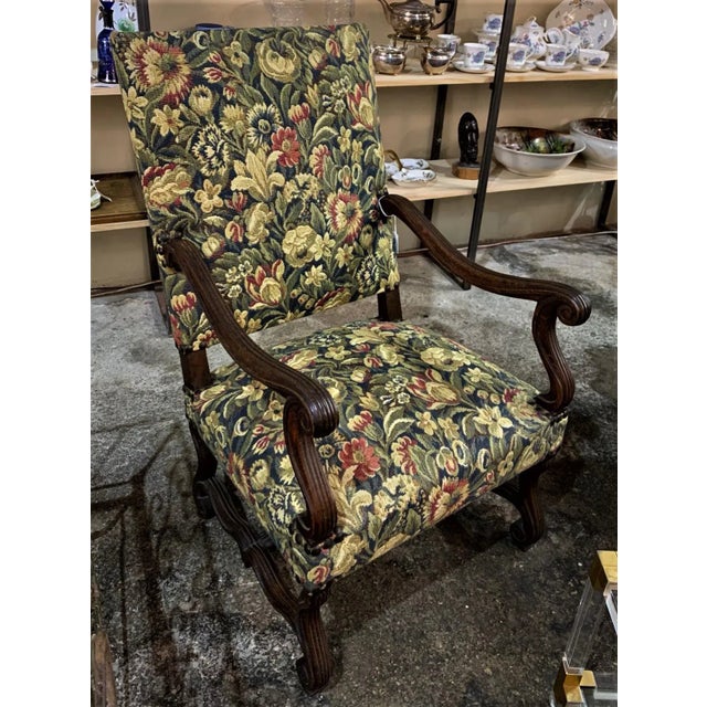 Louis XIII armchair reupholstered oak wood.