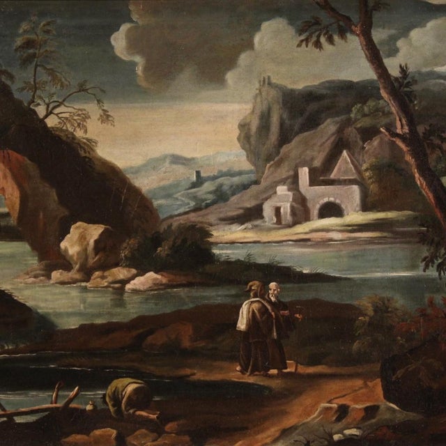 Italian Artist, Landscape with Characters, 1750, Oil Painting on Canvas, Framed For Sale - Image 3 of 14