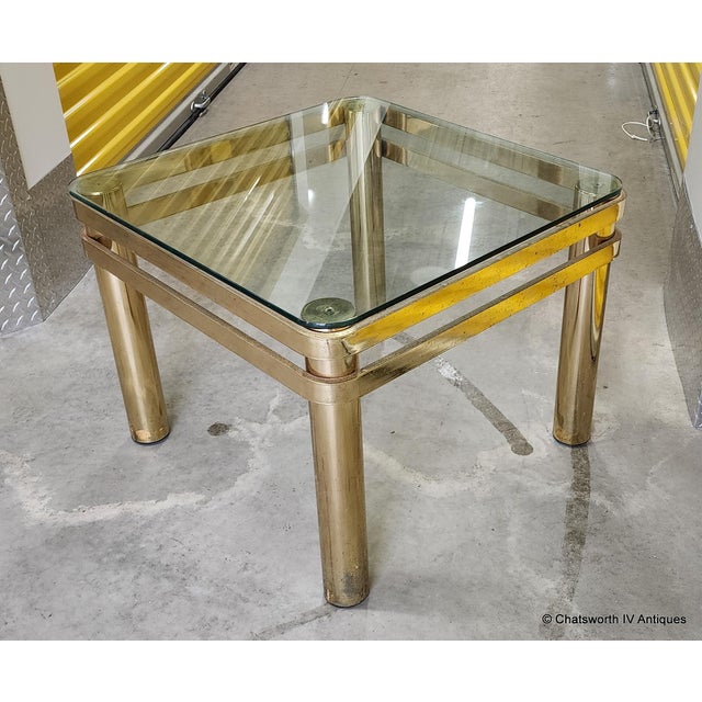 1980s Vintage Brass Hollywood Regency Style Modern Contemporary Glass Top End Table 2 of 2 For Sale - Image 5 of 15