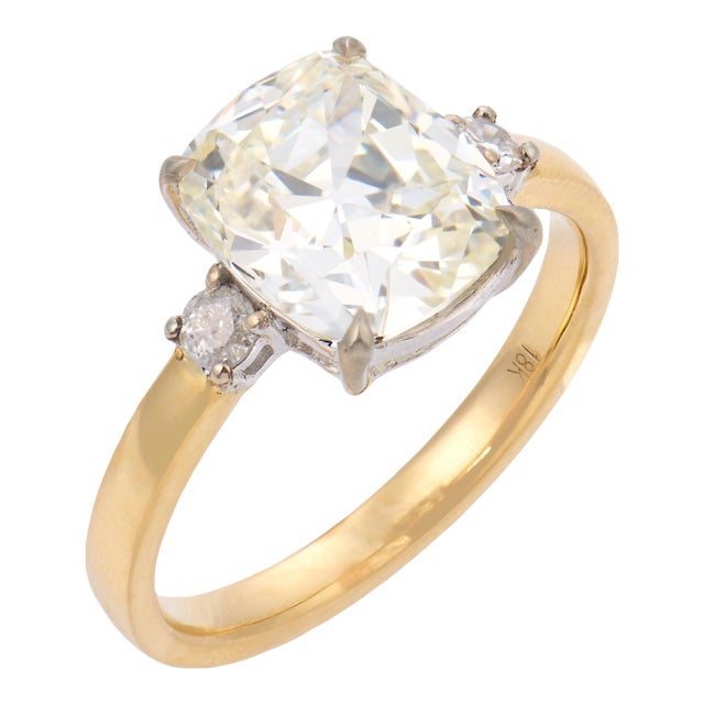 Mid 20th Century Gia 3.02 Carat Old Mine Cut Diamond 18k Two Tone Gold Engagement Ring, Size 6 For Sale