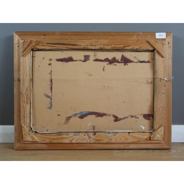 Mid-Century Modern 'Crimson Barns at Dusk' Vintage Original Landscape Oil Painting, Framed For Sale - Image 10 of 11