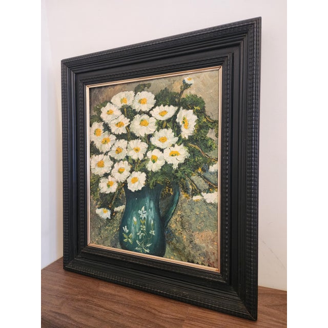 Vintage Floral Oil Painting in Black Wooden Frame – Textured Daisy Artwork, Still Life Wall Art, 20.5x24”, Cottagecore Home Decor For Sale - Image 6 of 11