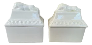 Pair of 1990s Bassanello Porcelain Boxes With Lion Form at Top Made in Italy