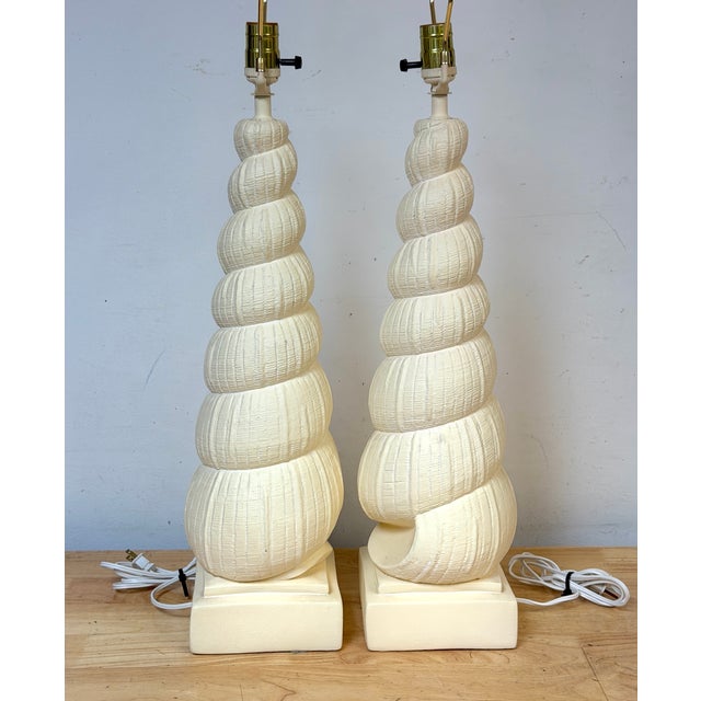 Beige 1980s Hollywood Regency Spiral Seashell Form Plaster Table Lamps - a Pair For Sale - Image 8 of 15