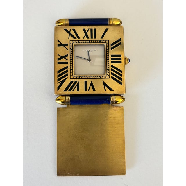 Vintage Cartier Folding Travel Desk Clock Paris Gilt-Brass and Blue Enamel 1990 For Sale - Image 12 of 18