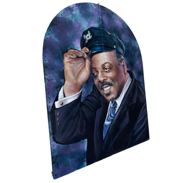Modern 1980s 10' Foot Tall Oil on Canvas Portrait of Count Basie Light Up Folding Screen For Sale - Image 3 of 4
