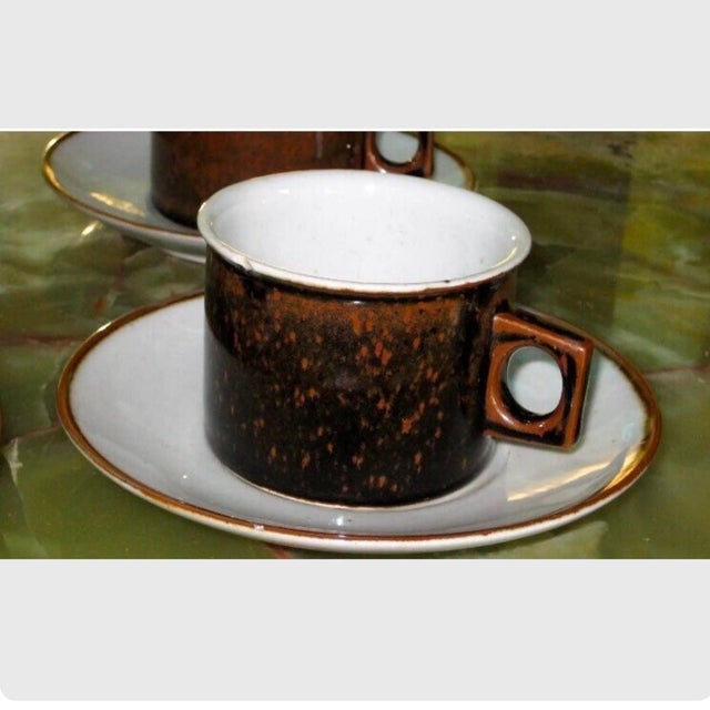 Mid-Century Modern Vintage 1970s Dansk Denmark Brown Mist Ceramic Cups Saucers Discontinued - Set of 9 For Sale - Image 3 of 9