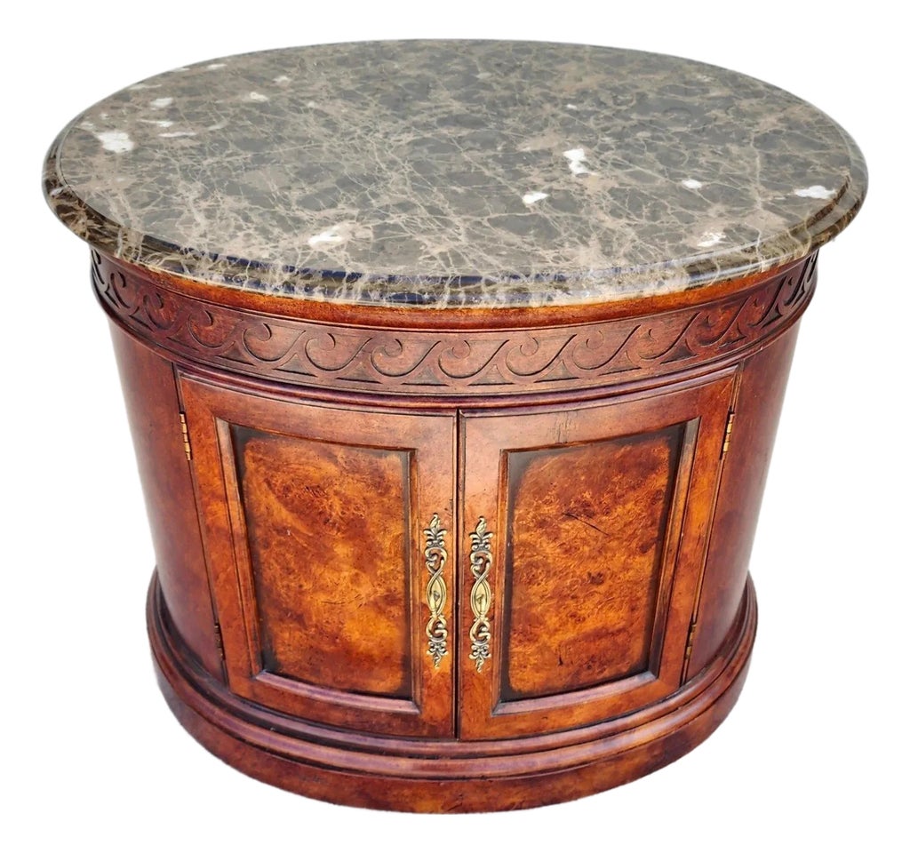 Henredon Style Mahogany & Marble Drum Center Side Bedside Table