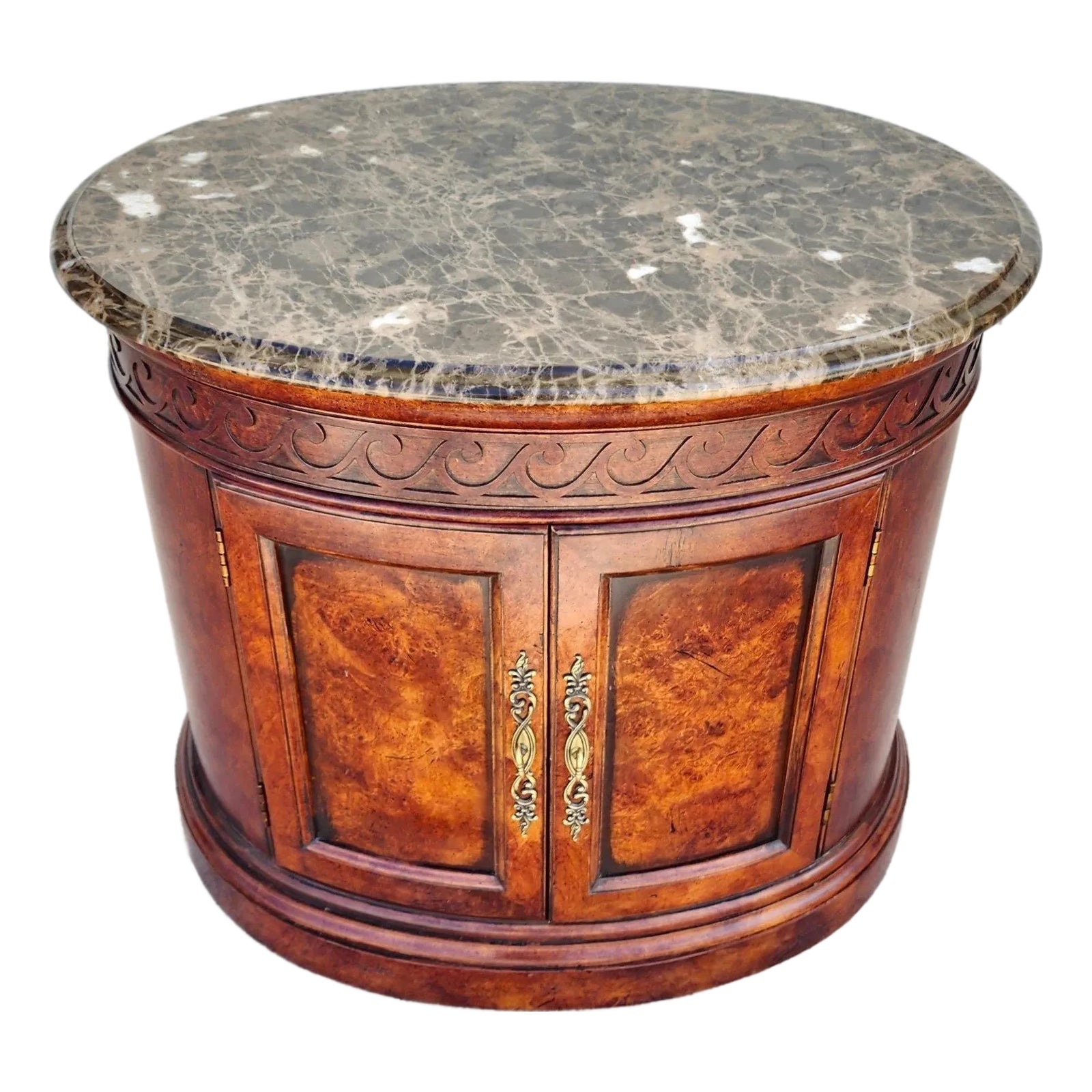 Henredon Style Mahogany & Marble Drum Center Side Bedside Table
