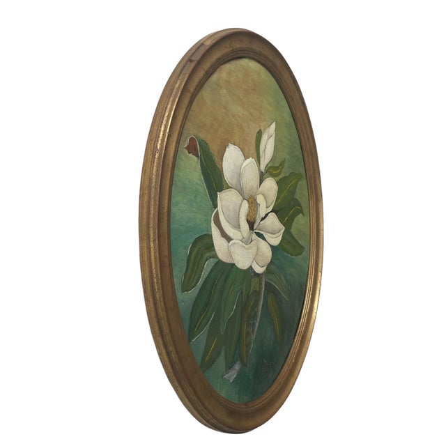 Extraordinary oval-gold gilt framed oil painting on canvas of a Southern Magnolia (Magnolia grandiflora)- signed by the...