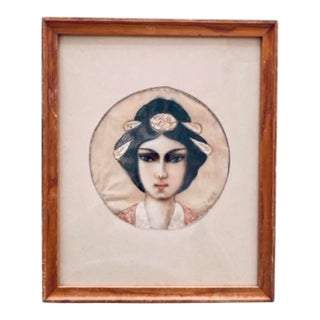 Antique Geisha Japanese Velvet Painting - Signed and Framed Original For Sale