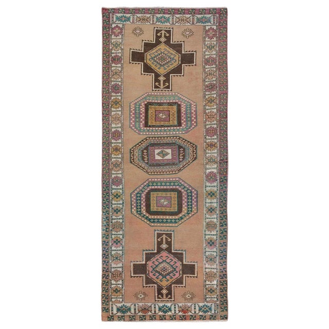 Brown Vintage Persian Karabakh Colorful Worn Down Hand Knotted Oriental Runner Rug For Sale - Image 8 of 8