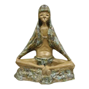 Mid Century Modern 1960s Glazed Ceramic Pottery Meditating Elder Woman Sculpture