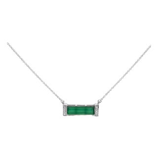 Sterling Silver Diamond Accent and Green Agate Bar Pendant Necklace For Sale