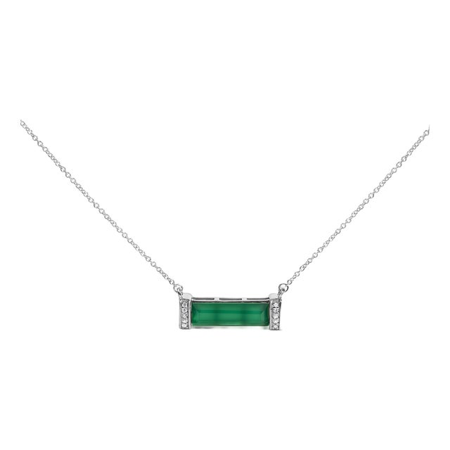 Sterling Silver Diamond Accent and Green Agate Bar Pendant Necklace For Sale