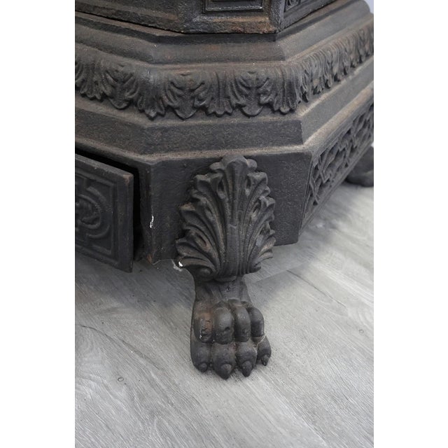 Antique European Ornate Cast Iron Parlor Stove Heater With Urn Finial & Paw Feet, C. 1890 For Sale - Image 12 of 12
