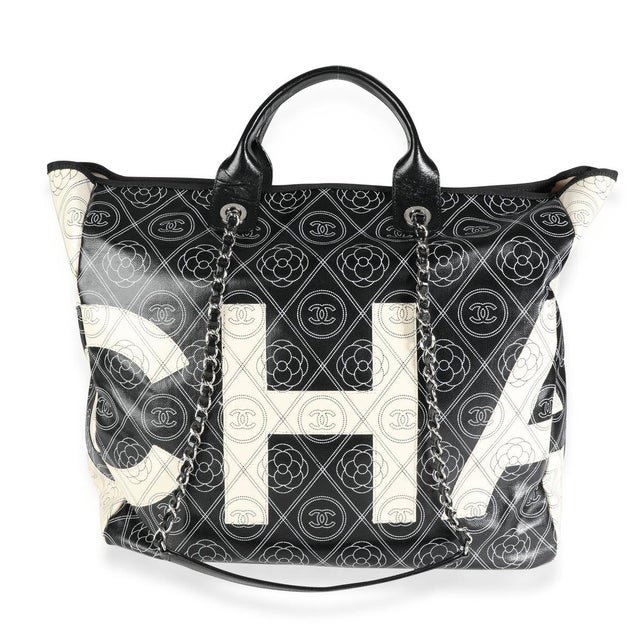 Contemporary Black and Beige Coated Canvas and Leather Camellia & CC Print Shopper Tot For Sale - Image 3 of 5