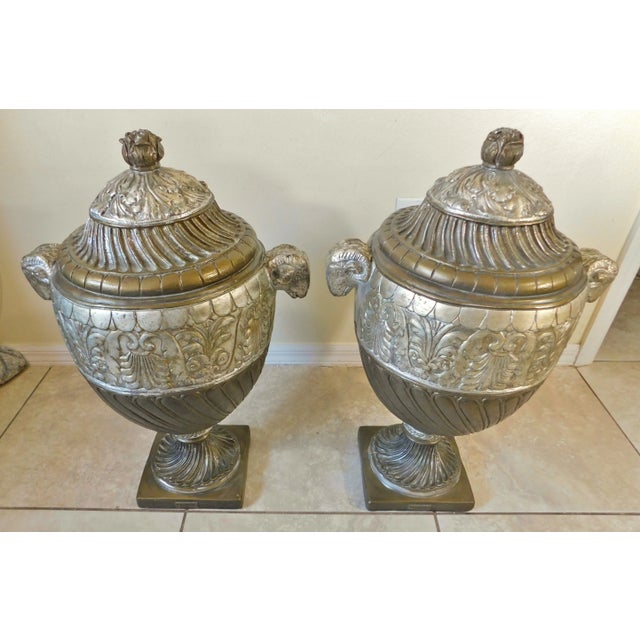 Large Pair Vintage Outdoor Hilda Flack Gold & Silver Resin Ram's Head Statue Urns For Sale - Image 10 of 12
