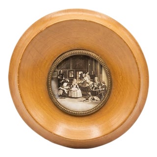 Vintage Spanish Pastoral Wall Plaque, Wood Framed Medallion With Metal Inset, Figural Interior Scene, 4.875" Round For Sale