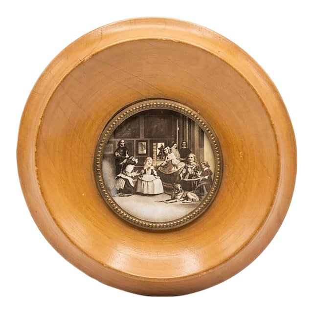 Vintage Spanish Pastoral Wall Plaque, Wood Framed Medallion With Metal Inset, Figural Interior Scene, 4.875" Round For Sale