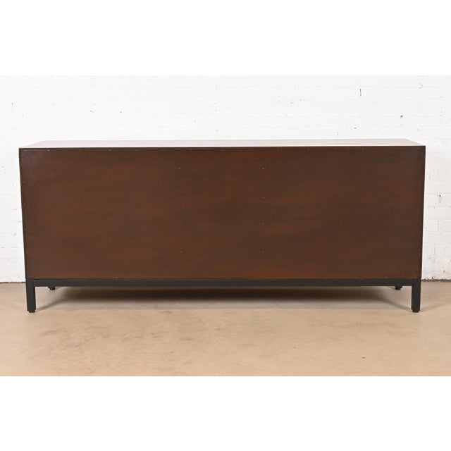 Milo Baughman for Directional Walnut and Ebonized Nine-Drawer Dresser, Newly Refinished For Sale - Image 9 of 12