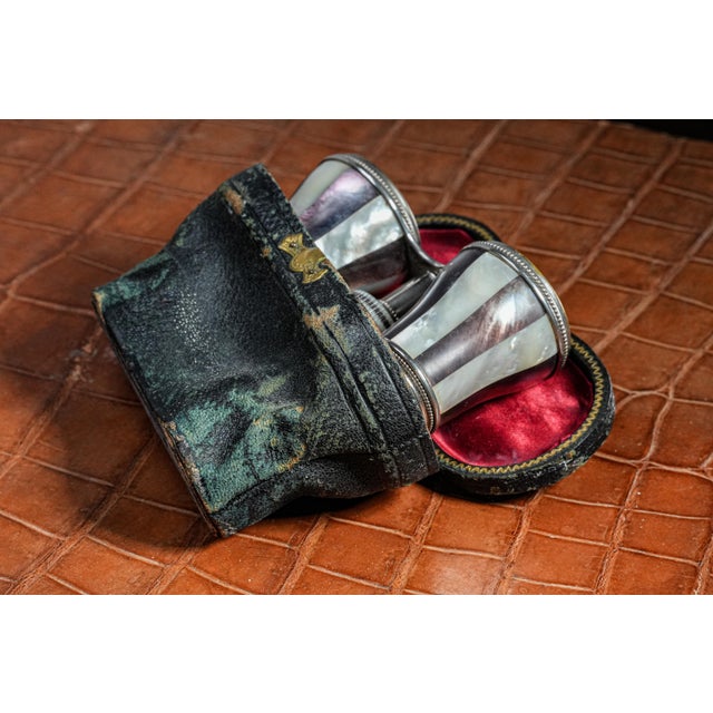 Beautiful Chrome Striped Purple and White Mother of Pearl Antique Victorian Opera Glasses With Leather Case For Sale - Image 14 of 16