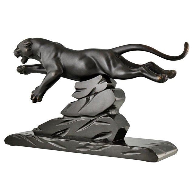 H. Gual, Art Deco Panther Sculpture, 1930, Metal & Marble For Sale - Image 4 of 10