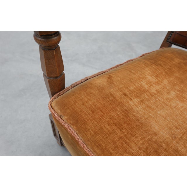Art Deco Oak Lounge Chair with Woven Leather Back and Ochre Velvet, Belgium, 1920s For Sale - Image 14 of 15