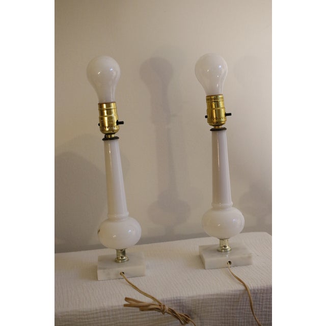 Mid Century Italian Marble & Hand-Painted Blown Milk Glass Table Lamps With Original Shades - A Pair For Sale - Image 6 of 12