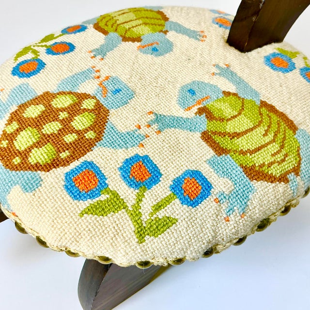 1970s Vintage Arts & Crafts Coastal Folk Art Needlepoint Cushion & Pine Turtle Footstool. For Sale - Image 16 of 16
