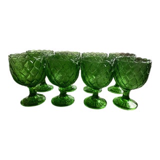 1960s Indiana Diamond Point Large Emerald Green Goblet Glasses With Scalloped Edges- Set of 8 Christmas Glassware For Sale