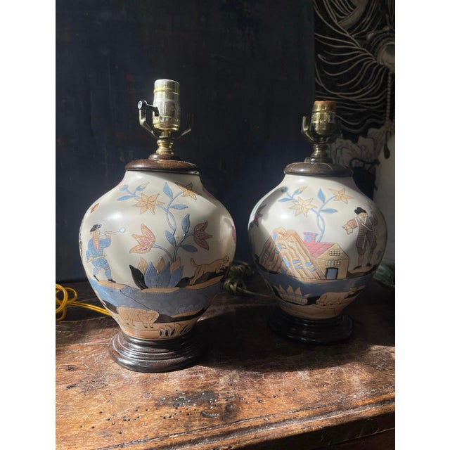 Ceramic Mid 20th Century Pair of Vintage Naive Hunting Scene Lamps For Sale - Image 7 of 10