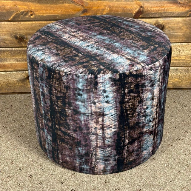 Charcoal Round Ottoman Footstool Made in Usa Designer Abstract Fabric Accent Stool 21"x17 For Sale - Image 8 of 8