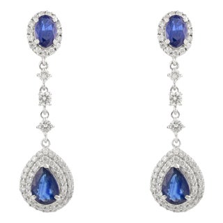 18k Solid White Gold Blue Sapphire & Diamond Drop Earrings- A Pair For Sale