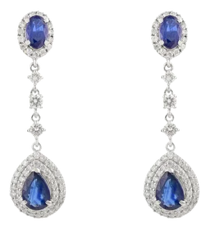 18k Solid White Gold Blue Sapphire & Diamond Drop Earrings- A Pair