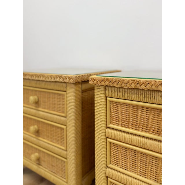 Tan Henry Link Wicker 3-Drawer Pair of Nightstands Vintage Coastal Hollywood Regency For Sale - Image 8 of 13