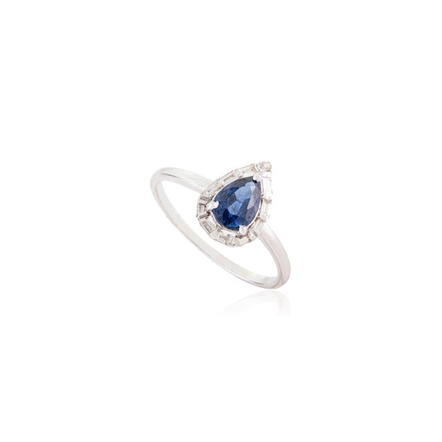 Contemporary Natural Blue Sapphire Diamond Pear Engagement Ring Size 6 in 14k White Gold For Sale - Image 3 of 13