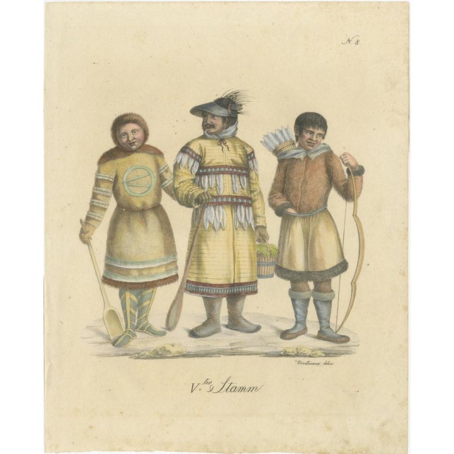This antique lithograph shows three figures representing indigenous peoples of the Arctic and Siberian regions. On the...