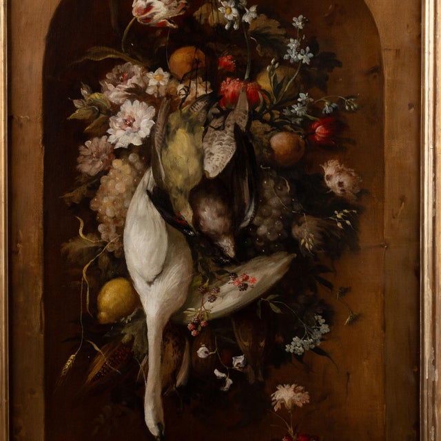 Late 19th Century Original Oil on Canvas Still Life Painting of Foul, Flowers, and Fruit From Portugal For Sale - Image 5 of 10