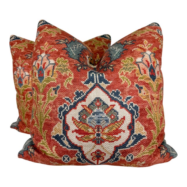 Colefax & Fowler "Floriana" in Red 22" Pillows-a Pair For Sale