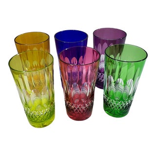 1970s Bohemian Multi-Color Cut Crystal Highball Glasses- Set of 6 For Sale