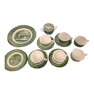 1950s Mid-Century Royal China "Colonial Homestead" Green Transferware - 16 Piece Set For Sale